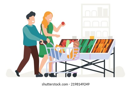 Couple daily routine. Everyday activity. Family buying food in supermarket. Guy and girl living together. People with cart full of dairy products and vegetables. Vector