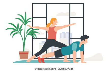 Una pareja de rutina diaria. Actividad diaria. Hombre y chica viviendo juntos. La familia hace ejercicios deportivos en casa. Formación activa. La gente practica yoga. Entrenamiento de apartamentos. Vector