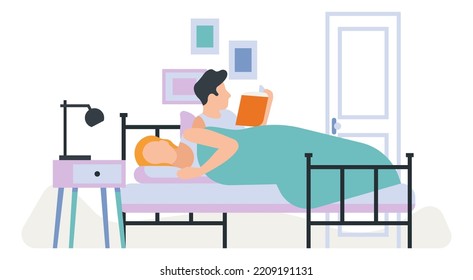 Couple daily routine. Everyday activity. Guy and girl living together. People lying on bed. Man reading book. Woman sleeping under blanket. Bedroom evening relaxation
