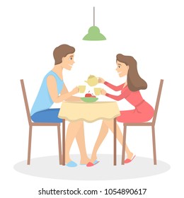 Couple daily routine. Having a breakfast together.