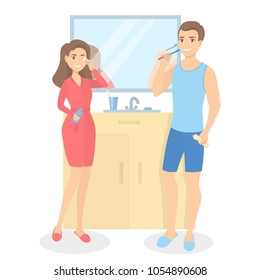 Couple daily routine. Preparing for a sleep in the evening.