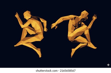 The Couple Dance Back To Back In A Squat. 3d Model Of Man. Dance Party Invitation. Music Event Flyer Or Banner. Vector Illustration Composed Of Particles.