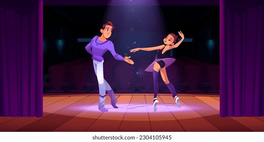 Ballet de baile de pareja en el escenario de teatro de fondo de caricatura. Escena teatral con cortina y foco con mágico destello. Jóvenes bailarines y hombres tocan performance y bailan con pasión en el suelo de madera