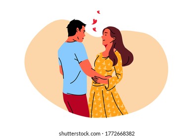 Couple, dance, date, love concept. Young happy smiling boyfriend and girlfriend man and woman characters dancing hugging holding hands together. Romantic dating and loving relationship illustration.