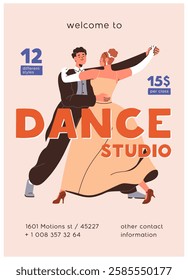 Couple dance school, poster design. Partner dancers waltzing, promotion flyer card template. Ballroom class, lesson, party promo. Perfect for advertising and invitations. Flat vector illustration