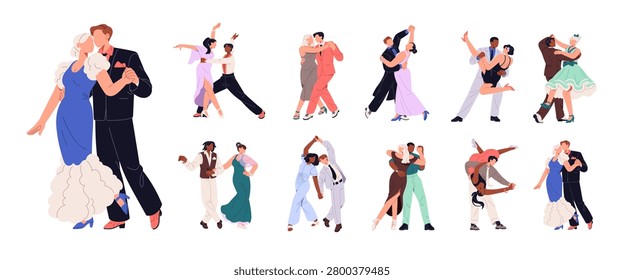 Couple dance set. Pairs of dancers perform tango, salsa, bachata, swing, waltz, and lindy hop. People hold hands and move with music together. Flat isolated vector illustrations on white background