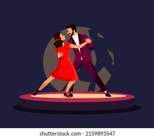 Couple dance tango on stage in spotlight vector illustration. Cartoon young man and woman in red dress dancing together, performing elegant classic latino dance performance for audience background