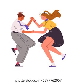 Couple dance tap, swing in retro style. Partners perform twist, lindy hop. Dancers move by energetic music. Happy people on 50s jazz, jive disco. Flat isolated vector illustration on white background