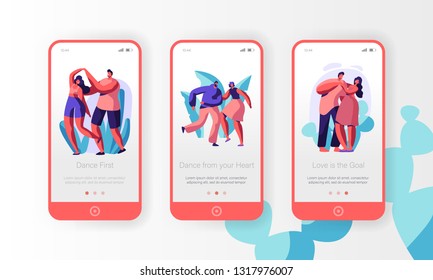 Couple Dance Together Mobile App Page Onboard Screen Set. Boy and Girl Partner do Dancing Step. Active Date at Leisure. Lovers Enjoy Time Concept for Website. Flat Cartoon Vector Illustration