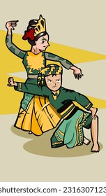 Couple dancer dancing jaipong dance with traditional dress from Indonesia, West Java. Dancer character anime vector illustration design with abstract background.