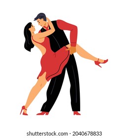 Un par de bailarines bailando salsa o tango, ilustración vectorial plana aislada en fondo blanco. Salsa: bailarinas latinoamericanas, personajes de caricaturas de hombres y mujeres.