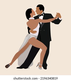 Couple of dancers isolated on white background. Man and woman performing dance at school, studio, party. Male and female cartoon characters dancing tango. Vector art illustration.