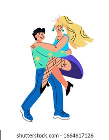 Couple of dancers - man and woman dancing flat cartoon style. Party rock-n-roll or swing, tango dancers characters. Retro party or festival, carnival design element. Flat vector illustration isolated.