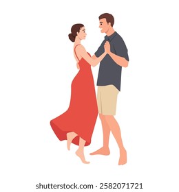 Couple dances gracefully together, sharing a romantic and intimate moment with joyful expressions. Flat vector illustration isolated on white background