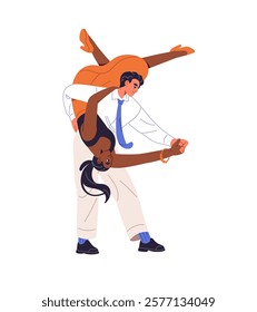 Couple dances hustle in competition. Professional dancers perform swing, zouk with passion. Partners performers move with Latin music together. Flat isolated vector illustration on white background