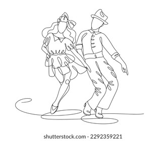 The couple dances the Lindy Hop. Man and woman. World Lindy Hop Day. One line drawing for different uses. Vector illustration.