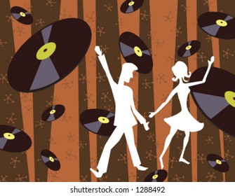 A couple dances the night away retro style with records.