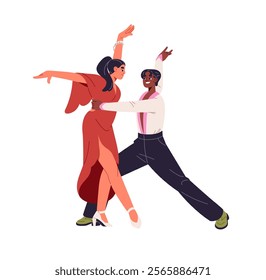 Couple dances with passion in competition. Dancers perform with salsa together. Performers moves with Latin music. Partners show hustle or zouk in class. Flat isolated vector illustration on white