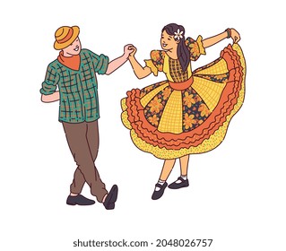 The couple dances the quadrilha dance. Traditional Brazilian festival Festa Junina - June party. Vector illustration isolated on a white background.