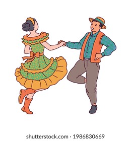 A couple dances a traditional quadrilha dance at a June party. Brazilian festival Festa Junina. Vector illustration isolated on a white background.