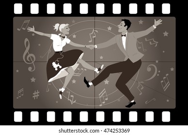 Couple dancing 1950s style rock and roll in an old movie frame, EPS 8 vector illustration