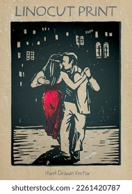 Pareja bailando tango argentino en la calle. Ilustración vectorial dibujada a mano, estilizada en linocut tradicional o impresión de carpintería en papel antiguo.