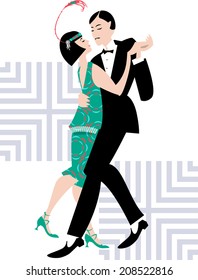 Couple dancing. Art deco. Retro. Vector illustration. 