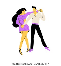 Pareja bailando bachata. El hombre y la mujer pasan tiempo juntos activamente. Fiesta de baile o clases de baile Latina. Ilustración vectorial aislada sobre fondo transparente.