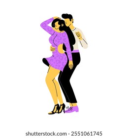 Pareja bailando bachata. El hombre y la mujer pasan tiempo juntos activamente. Fiesta de baile o clases de baile Latina. Ilustración vectorial aislada sobre fondo transparente.