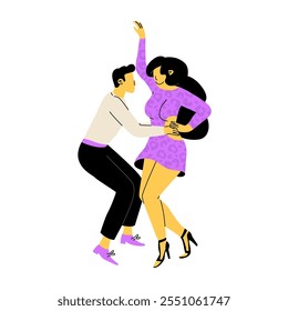 Pareja bailando bachata. El hombre y la mujer pasan tiempo juntos activamente. Fiesta de baile o clases de baile Latina. Ilustración vectorial aislada sobre fondo transparente.