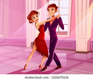 Pareja bailando en la ilustración vectorial del tango. Hombre y mujer vestidos de rojo en el concurso de baile latinoamericano o espectáculo en el palacio real con columnas de mármol sobre fondo de caricatura