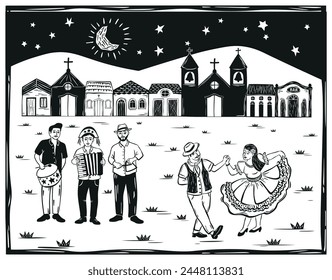 Couple dancing and band playing at a São João festival. Woodcut in the cordel style of northeastern Brazil. Vector illustration.