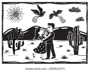 Couple dancing and birds flying in a desert landscape. Cacti, birds and sunny sky. Vector woodcut in cordel style