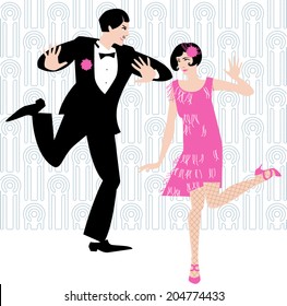 Couple dancing the Charleston. Art-deco. Vector illustration. 