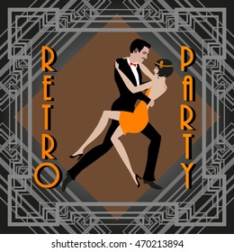 couple dancing the Charleston. Retro party invitation design template. Vector illustration.