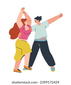 Couple dancing in club or at party. Isolated man and woman passionate dance and movements. Boyfriend and girlfriend having fun being close to each other. Partying and celebration. Vector in flat style