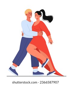 Couple dancing concept. Romantic dancers, love and passion. Young guy with girls dancing tango. Stickers for social networks. Cartoon flat vector illustration isolated on white background