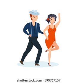 Couple dancing concept. Young man and woman in a bright beautiful clothes, passionate dance movable tango, in an interesting setting, with sharp attractive movements, music. Vector illustration