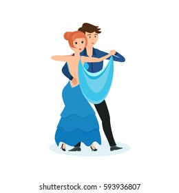 Couple dancing concept. Young man and woman in beautiful clothes, sensual dance of delicate waltz in an interesting setting, with smooth movements. Vector illustration isolated on white background.