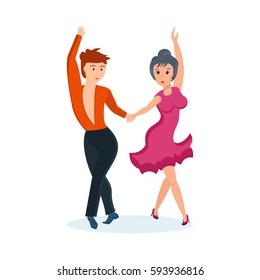 Couple dancing concept. Young man and woman in a bright beautiful clothes, passionate dance movable cha-cha-cha, in an interesting setting, with sharp attractive movements, music. Vector illustration