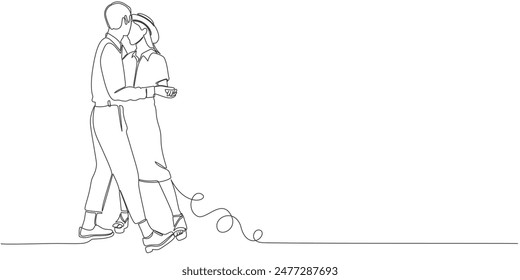 Couple dancing in continuous line art drawing style. Loving man and woman. Romantic date. Vector illustration