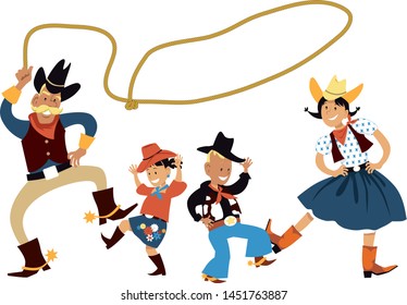 Couple dancing country western dance with their children, EPS 8 vector illustration