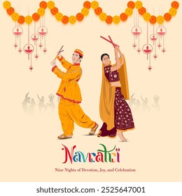  Una pareja bailando Dandiya Ras con atuendo tradicional con decoraciones festivas como guirnaldas y diyas Navratri y Nueve Noches de Devoción y Alegría y Celebración se muestran






