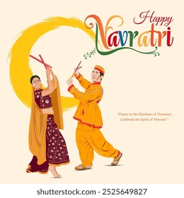 Una pareja bailando Dandiya Ras con atuendo tradicional, un fondo circular festivo y el texto Feliz Navratri con la cita Danza al ritmo de la devoción 