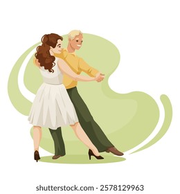 Couple dancing in elegant pose on green background. Vector illustration