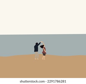 Couple dancing enjoying together on sand at sunset. sunny day Happy Romantic holiday vacation.