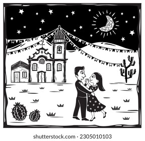 Couple dancing at a Festa Junina in the interior of Brazil. Church and house, northeast desert landscape. Woodcut vector in cordel style