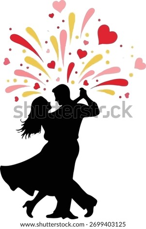 Couple dancing with fireworks and hearts isolated on white background.