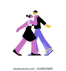 Couple Dancing In Flat Vector Illustration Symbolizing Romance, Joy, And Togetherness, Isolated On White Background.