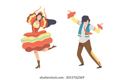 Couple Dancing at Folklore Party Set, People Celebrating Traditional Brazil June Festival, Festa Junina Cartoon Vector Illustration